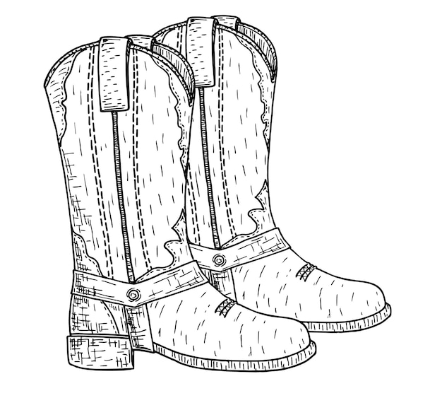 Vector cowboy boots sketch american traditional leather boots graphic hand drawn sketch vector