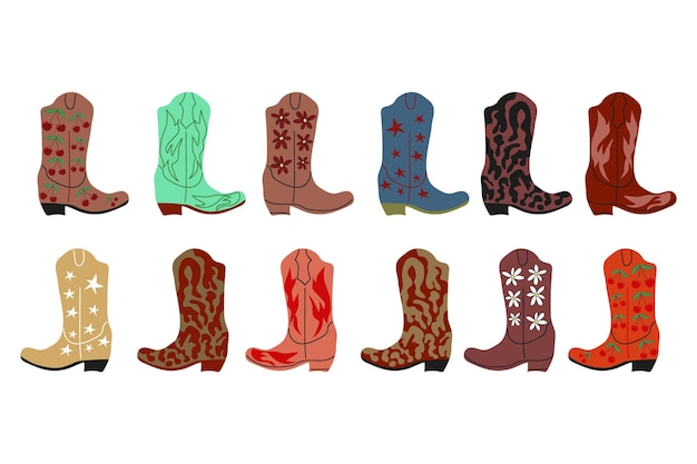 Vector cowboy boots with ornament wild west theme hand drawn colored trendy vector isolated illustration