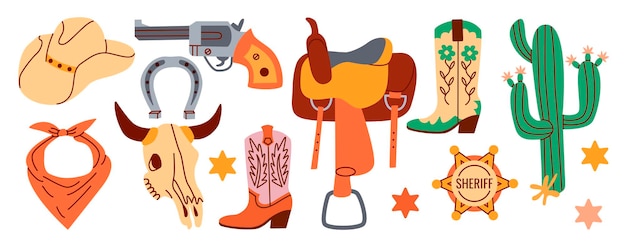 Cowboy symbols Western theme wild west conceptHand drawn colored vector set Clipart icons Flat vector illustration