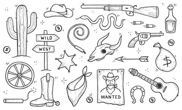 Vector cowboy western doodle set. hand drawn sketch line style. cowboy hat, cow skull, gun, cactus element. wild west vector illustration.