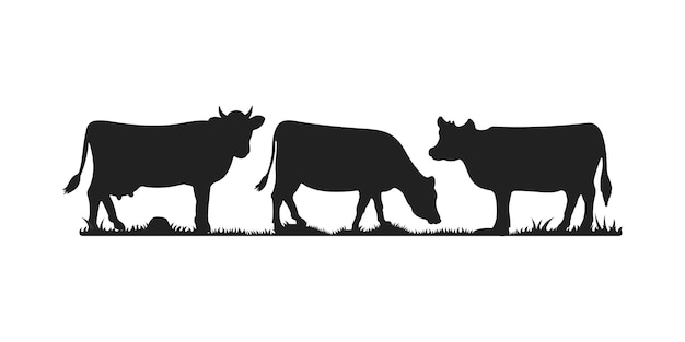 Cows in different poses vector set. Silhouettes of grass. Cow grazing on meadow.