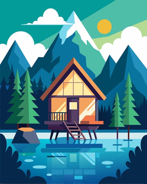 Vector a cozy cabin on stilts overlooking a peaceful lake providing the perfect workfromhome atmosphere