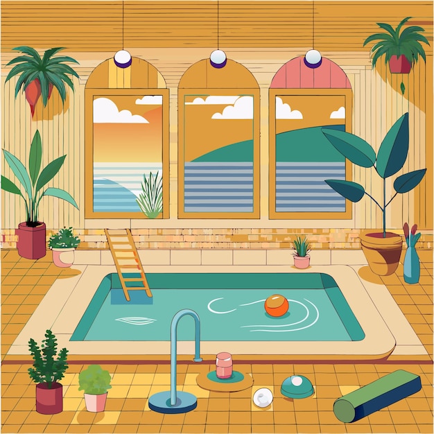 Vector cozy indoor pool area with plants and scenic windows