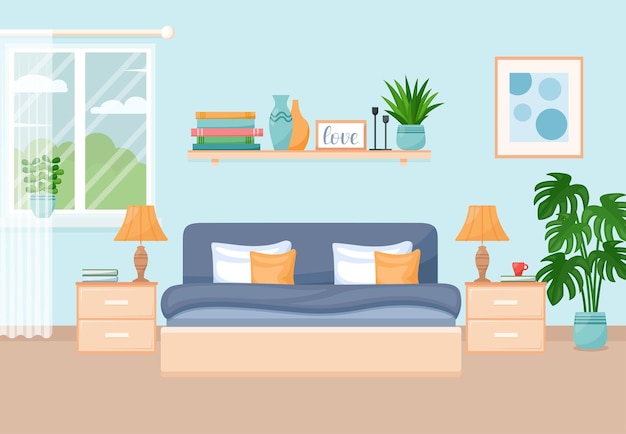 Cozy modern bedroom interior with furniture and windows Vector illustration