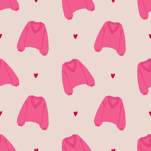 Cozy pink sweater and hearts. Seamless pattern with winter sweater