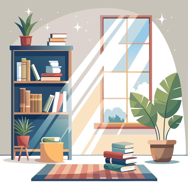 Vector cozy reading nook with bookshelves and plants by a sunny window