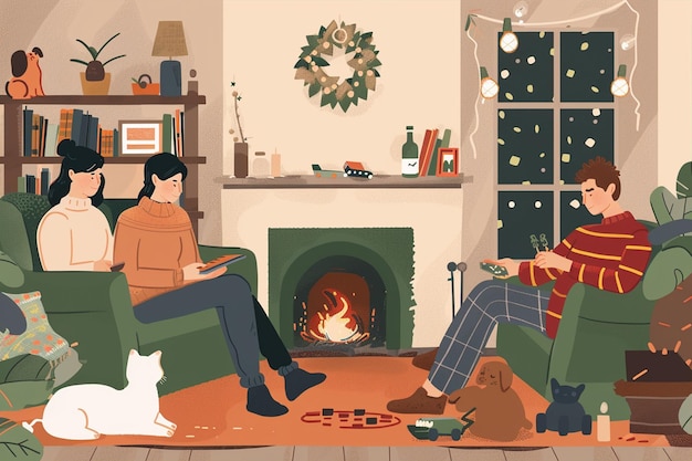 Vector cozy scene two couples