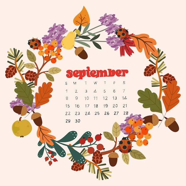 Vector cozy september 2024 calendar autumn forest plants flower leaf autumn fruits and food