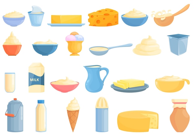 Cream milk icons set cartoon vector. Liquid cream. Yogurt drop