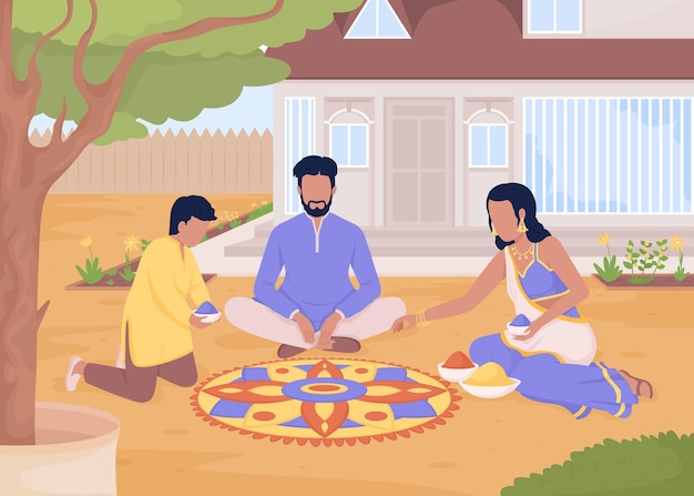 Creating flower rangoli with family flat color vector illustration