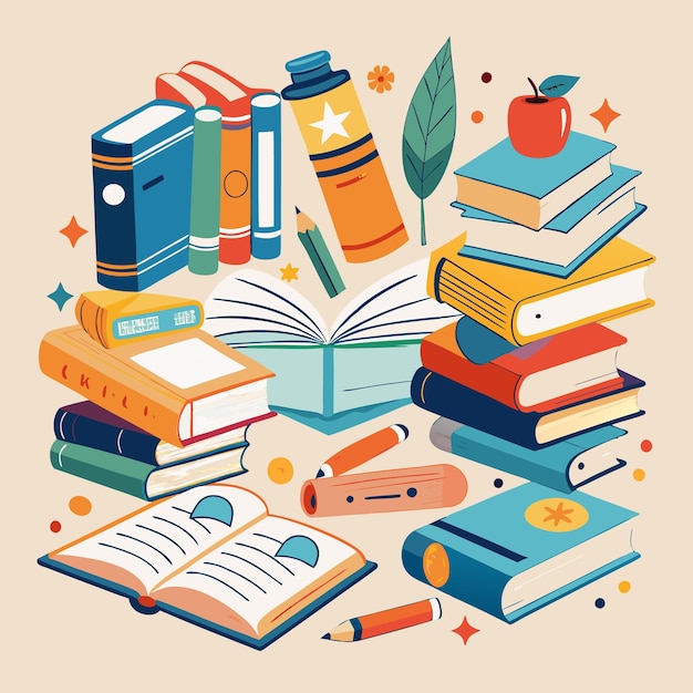 Vector creative and colorful education illustration with books and school supplies