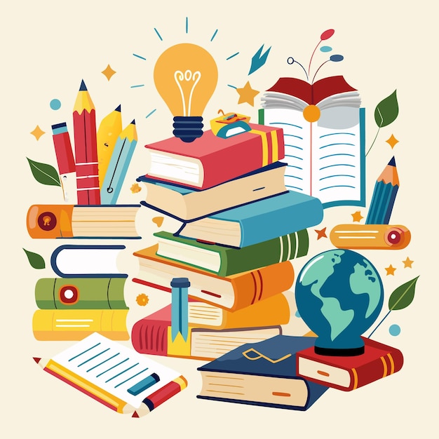 Vector creative and colorful education illustration with books and school supplies