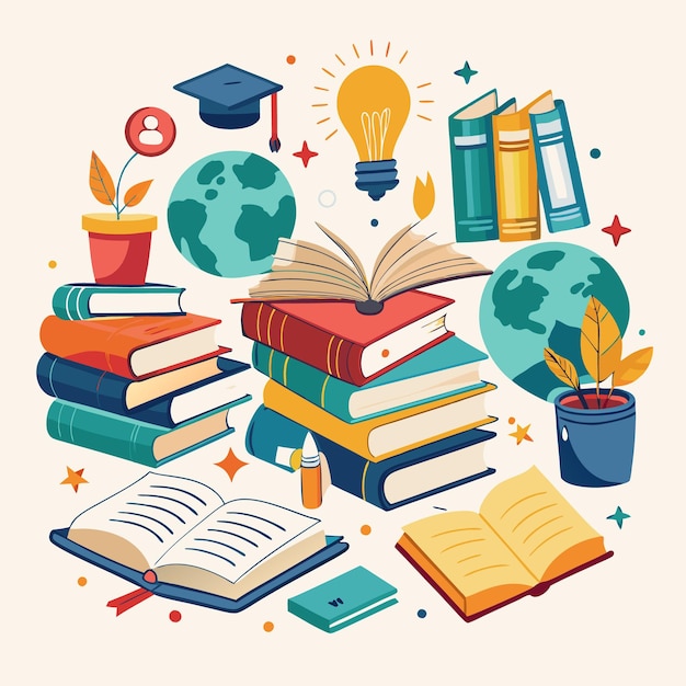 Vector creative and colorful education illustration with books and school supplies