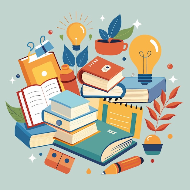 Vector creative and colorful education illustration with books and school supplies