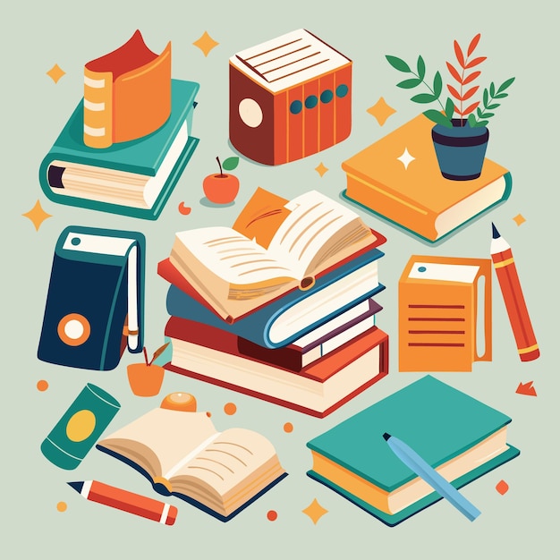 Vector creative and colorful education illustration with books and school supplies