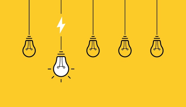 Creative idea Set of hanging from above light bulbs Light bulb with cable and lightning bolt Vector illlustration