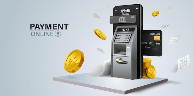 The credit card is inserted into the slot of the atm machineatm on mobile mobile payment app