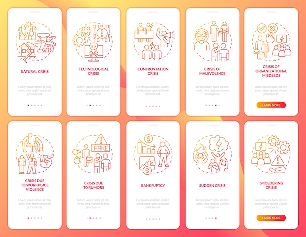Crisis management red gradient onboarding mobile app screen set