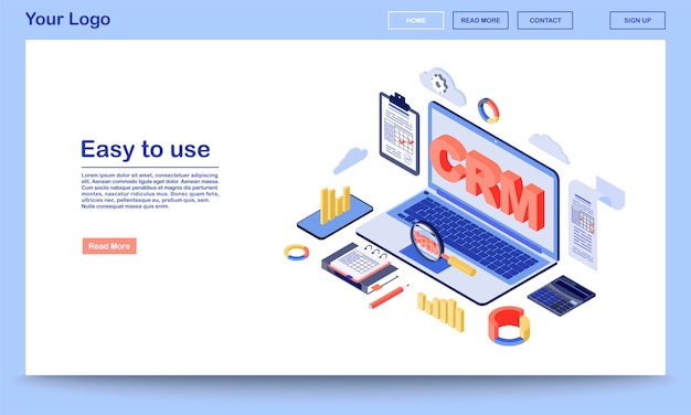 Vector crm system isometric landing page template