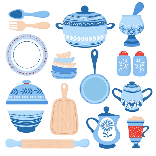 Vector crockery ceramic cookware. blue porcelain bowls, dishes and plates.