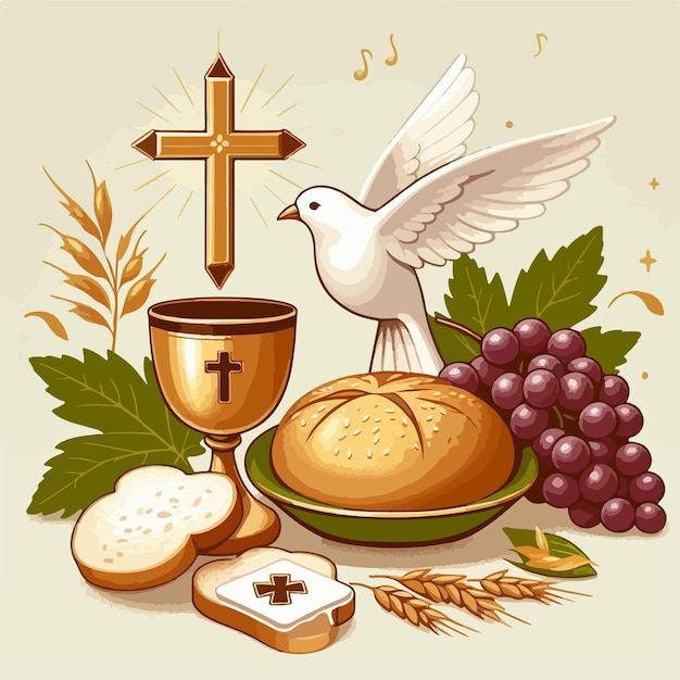 Vector a cross a white dove and a cup of bread are arranged on a table