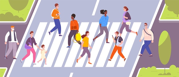 Vector crowd crossing road people goes on crosswalk or path zebra pedestrians traffic downtown city life students with smartphone safety cross road sidewalk vector illustration of crosswalk by crowd