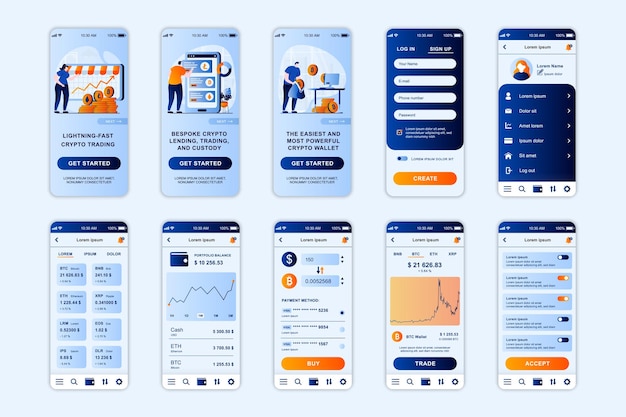 Vector crypto exchange concept screens set for mobile app template ui ux gui user interface kit