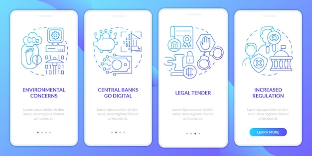 Crypto shortcomings in future blue gradient onboarding mobile app screen Walkthrough 4 steps graphic instructions pages with linear concepts UI UX GUI template Myriad ProBold Regular fonts used