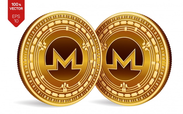 Cryptocurrency golden coins with Monero symbol isolated on white background.