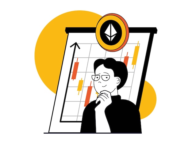 Cryptocurrency marketplace concept with character situation Man analyzing financial data trading at currency exchanges crypto investing Vector illustrations with people scene in flat design for web