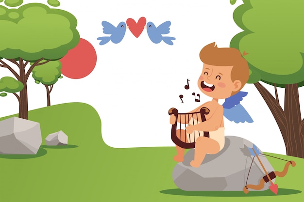 Cupid baby boy singing and playing angel harp,   illustration. Cute little angel of valentine day, simple summer landscape. Adorable cupid cartoon character