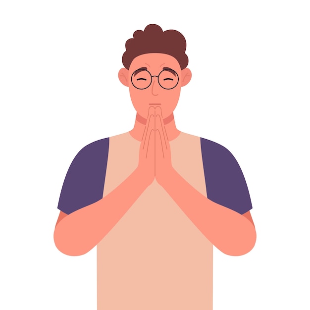 Curly young man in glasses in closed eyes praying hands together Vector illustration