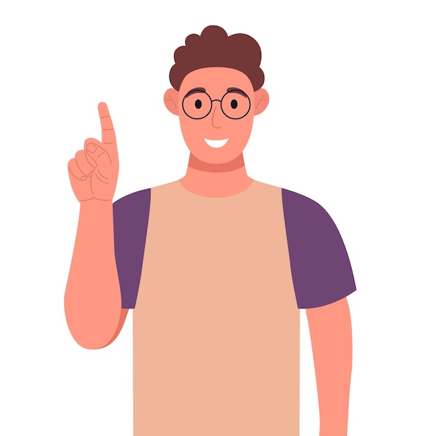 Curly young man in glasses pointing up finger while standing and smiling Concept of a great idea Vector illustration