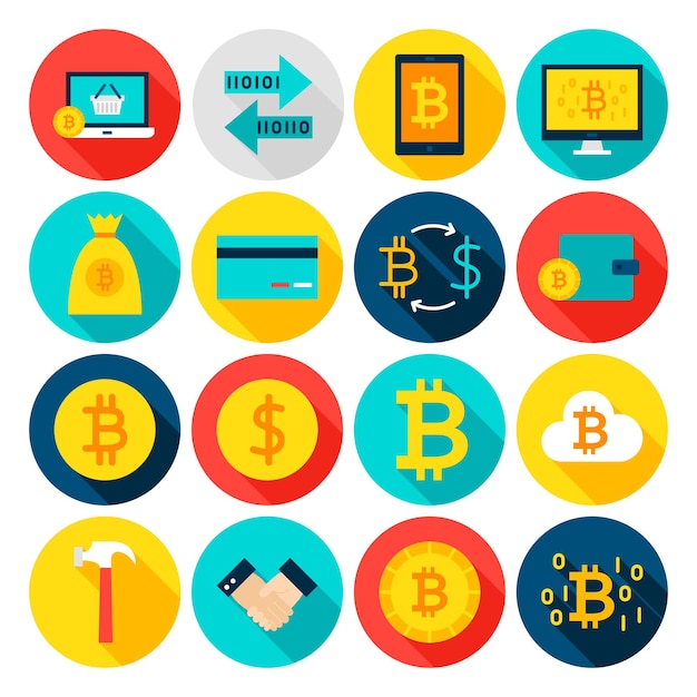 Currency Bitcoin Flat Icons. Vector Illustration. Set of Circle Financial Items with Long Shadow.