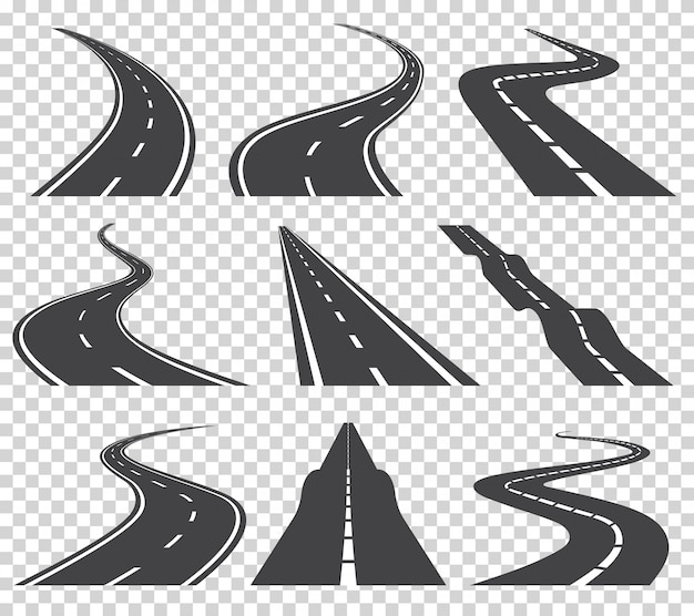 Curved roads vector set. Asphalt road or way and curve road highway. Winding curved road or highway with markings