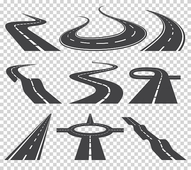 Curved roads vector set. Asphalt road or way and curve road highway. 