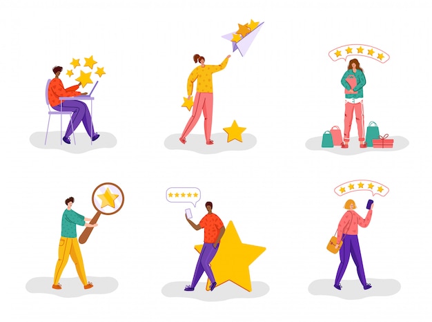 Vector customer or clients feedback concept - people and rating stars