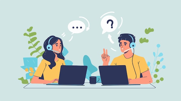 Vector customer service representative answering questions in call center concept