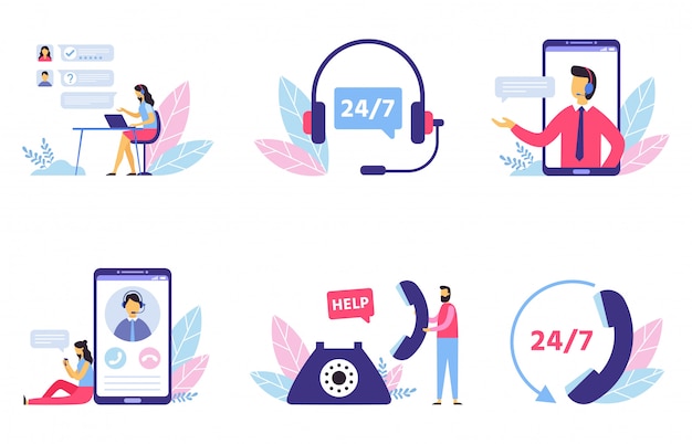 Vector customer support. personal assistant service, person advisor and helpful advice services flat  illustration set