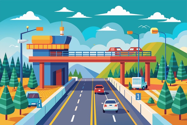 Customizable flat illustration of a highway with a bridge over it Toll road Customizable Flat Illustration