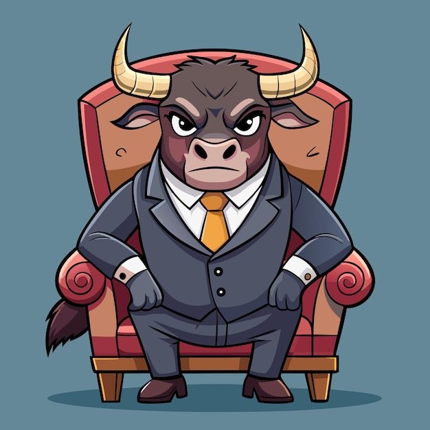 Vector cute angry big bull in a suit on an elegant chair cartoon vector illustration