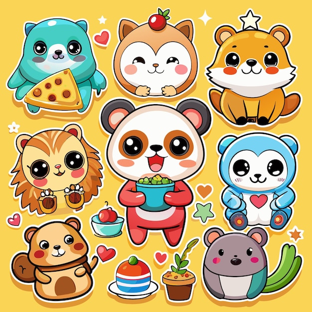 Vector cute animal cartoon characters with stickers and hearts on yellow background