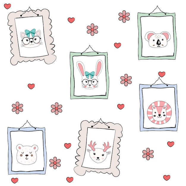 Cute animal cartoon frames hand drawn style