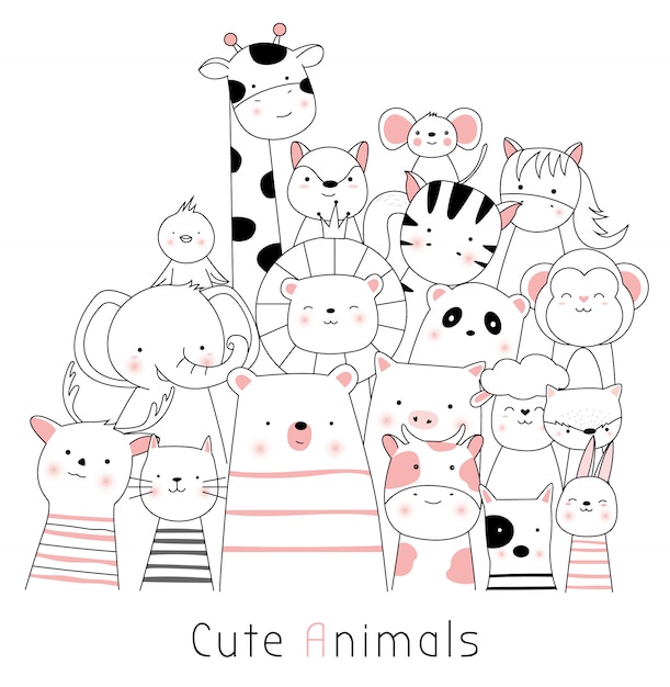 Vector cute animal cartoon hand drawn style