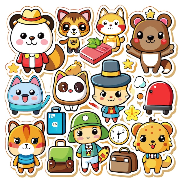 Vector cute animal characters with various accessories and travel items