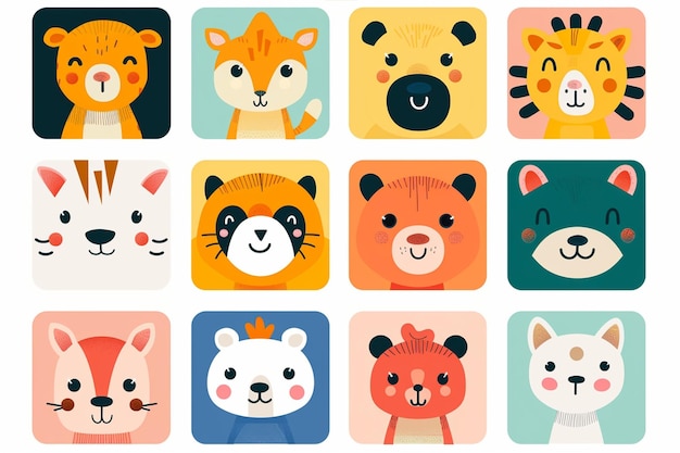 Vector cute animal face icon square shape