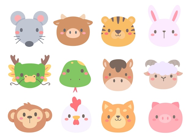 Vector cute animal faces according to the year of the zodiac