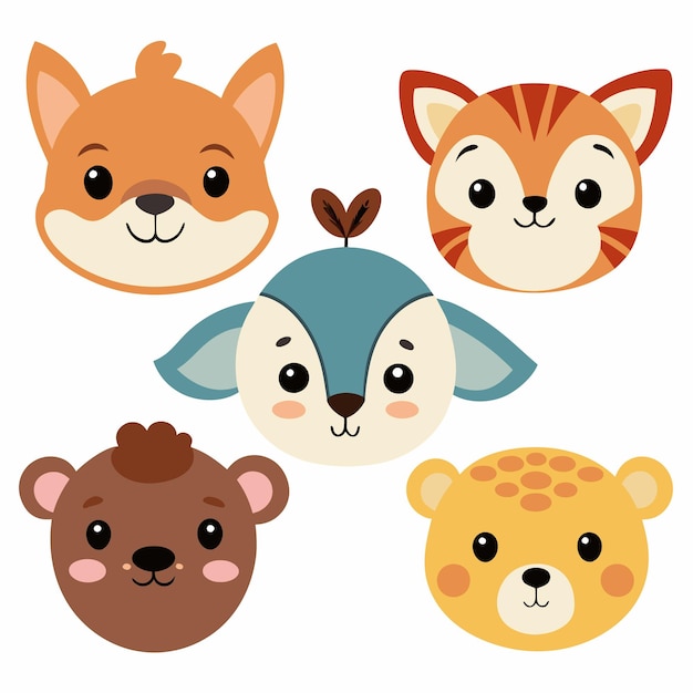 Vector cute animal head illustrations adorable animal faces for kids and design projects