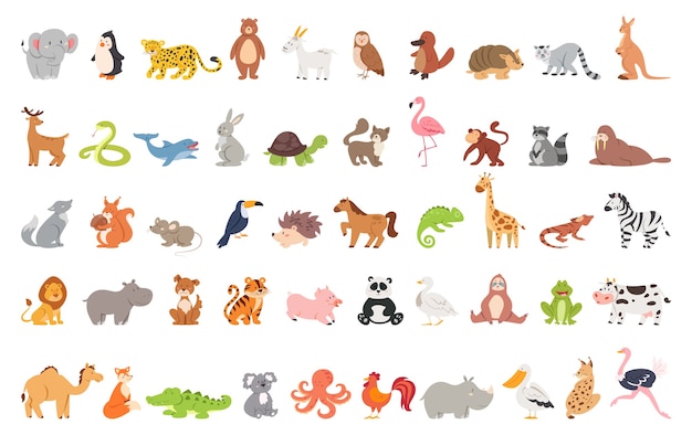 Vector cute animal set with farm and wild character. cat and lion, elephant and monkey. zoo collection.