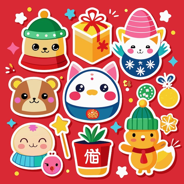 Vector cute animal sticker characters with red background